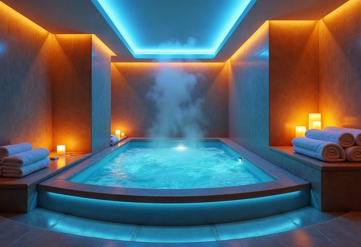 Bassins spa privatif éclairé de LED colorées avec serviettes moelleuses et bougies allumées