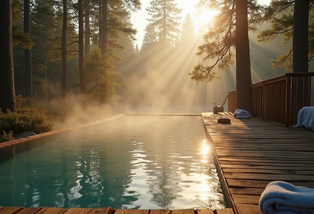 Bassin forestier naturel aux eaux claires, plateforme en bois, lumière dorée du soir, atmosphère apaisante