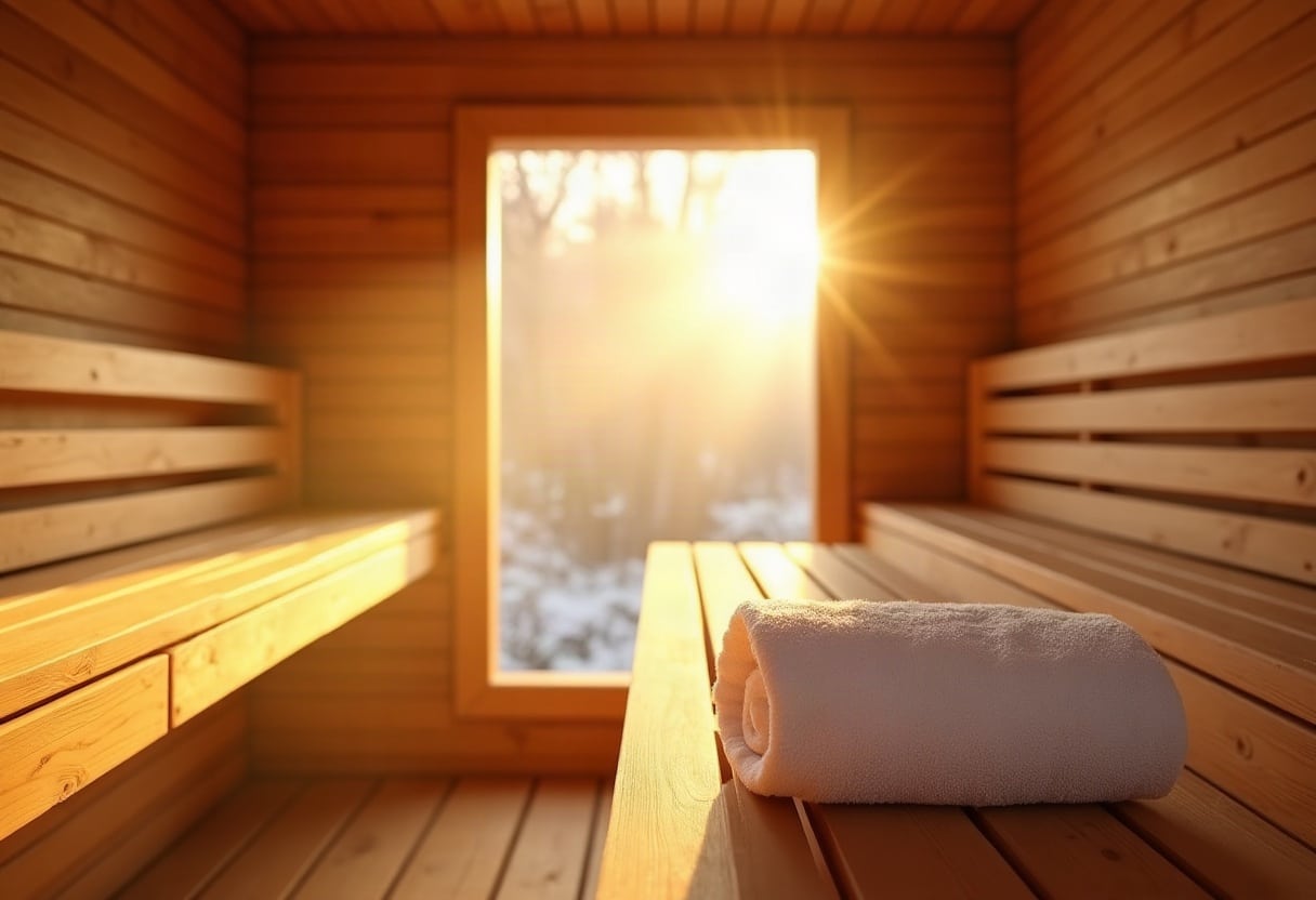 Intérieur de sauna en bois clair, vapeur légère et serviettes blanches moelleuses.