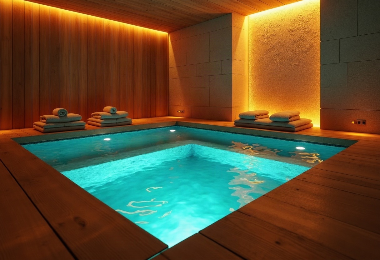 Bassin spa privatif avec éclairage LED ambré, pierre et bois, atmosphère intime et apaisante