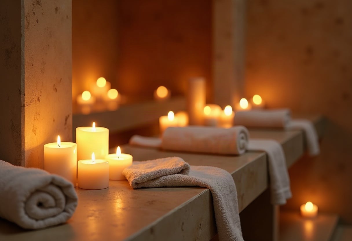 Ambiance intime de bien-être : pierre, bois et bougies, éclairage chaud tamisé, serviettes moelleuses.