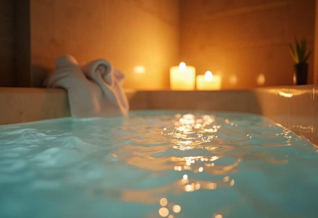 Bain privatif intimiste éclairé d'une lumière dorée chaleureuse avec reflets vapoureux.