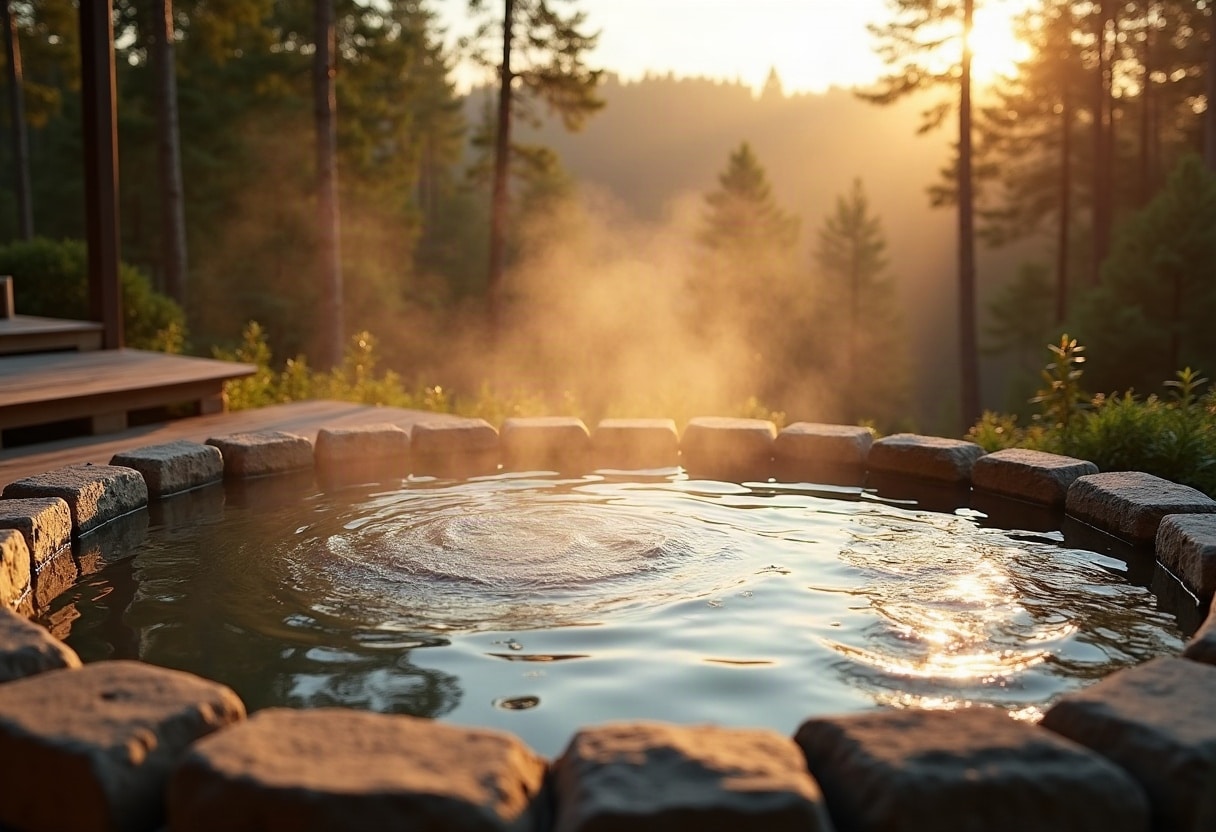 Bassin thermalisé privatif en bois et pierre baigné d'une lumière chaleureuse et vaporeuse en nature.